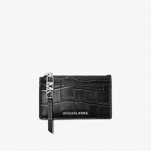 Michael Kors Empire Small Crocodile Embossed Leather Card Case Black/Silver NWT